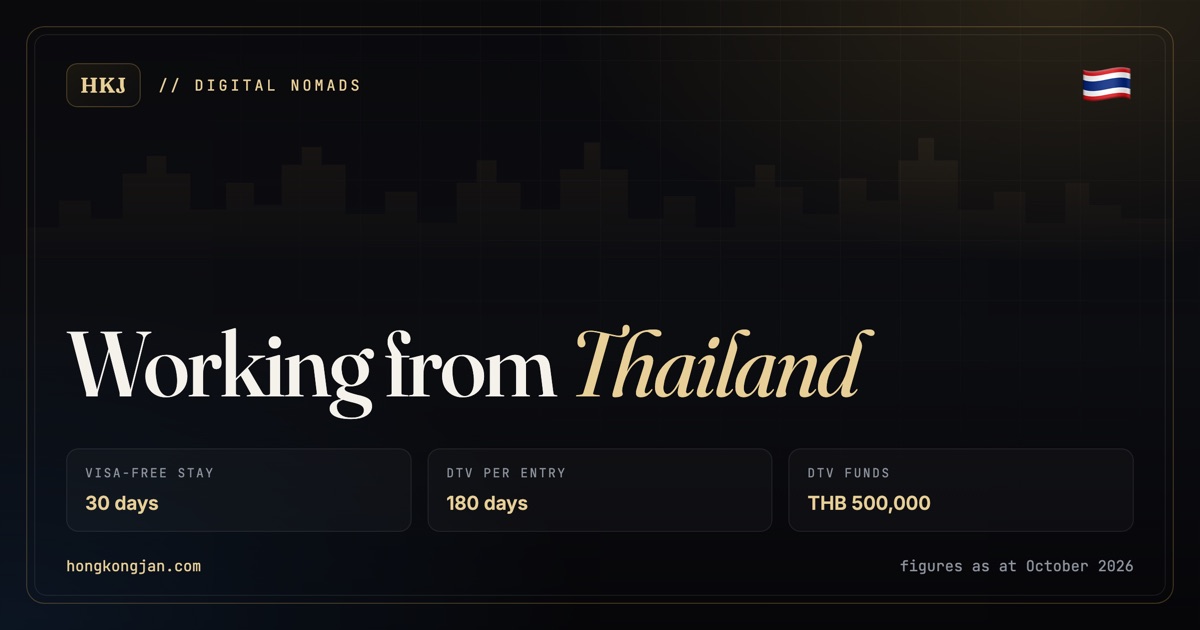 Working from Thailand: visa-free stay 30 days; DTV per entry 180 days; DTV funds THB 500,000