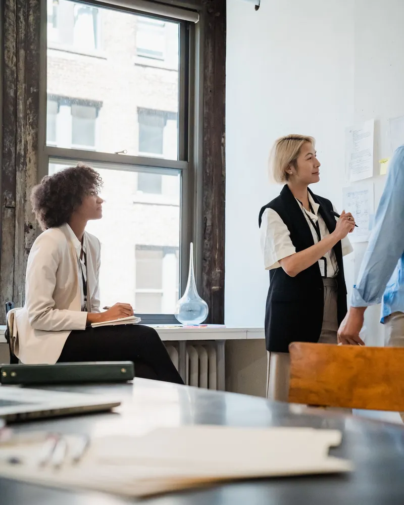 A small team in a bright office